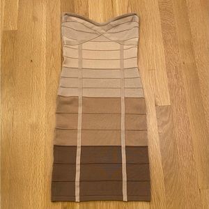 Bebe Vintage Womens Strapless Fitted Knot Dress / Blush Tan Brown Stripes /  XS